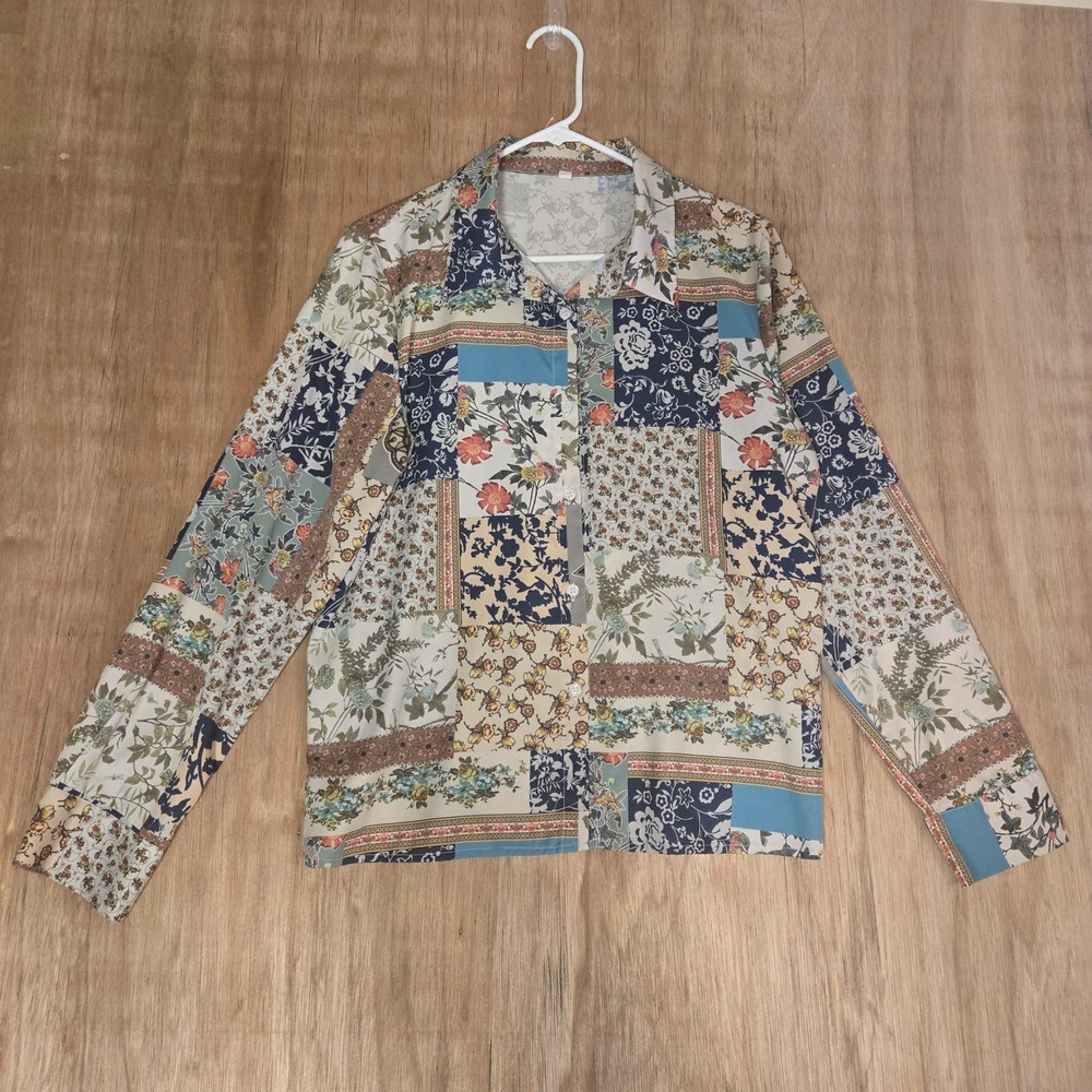 Mixed Floral Patchwork Print Button Down Top Blue Tan Orange Large Lightweight